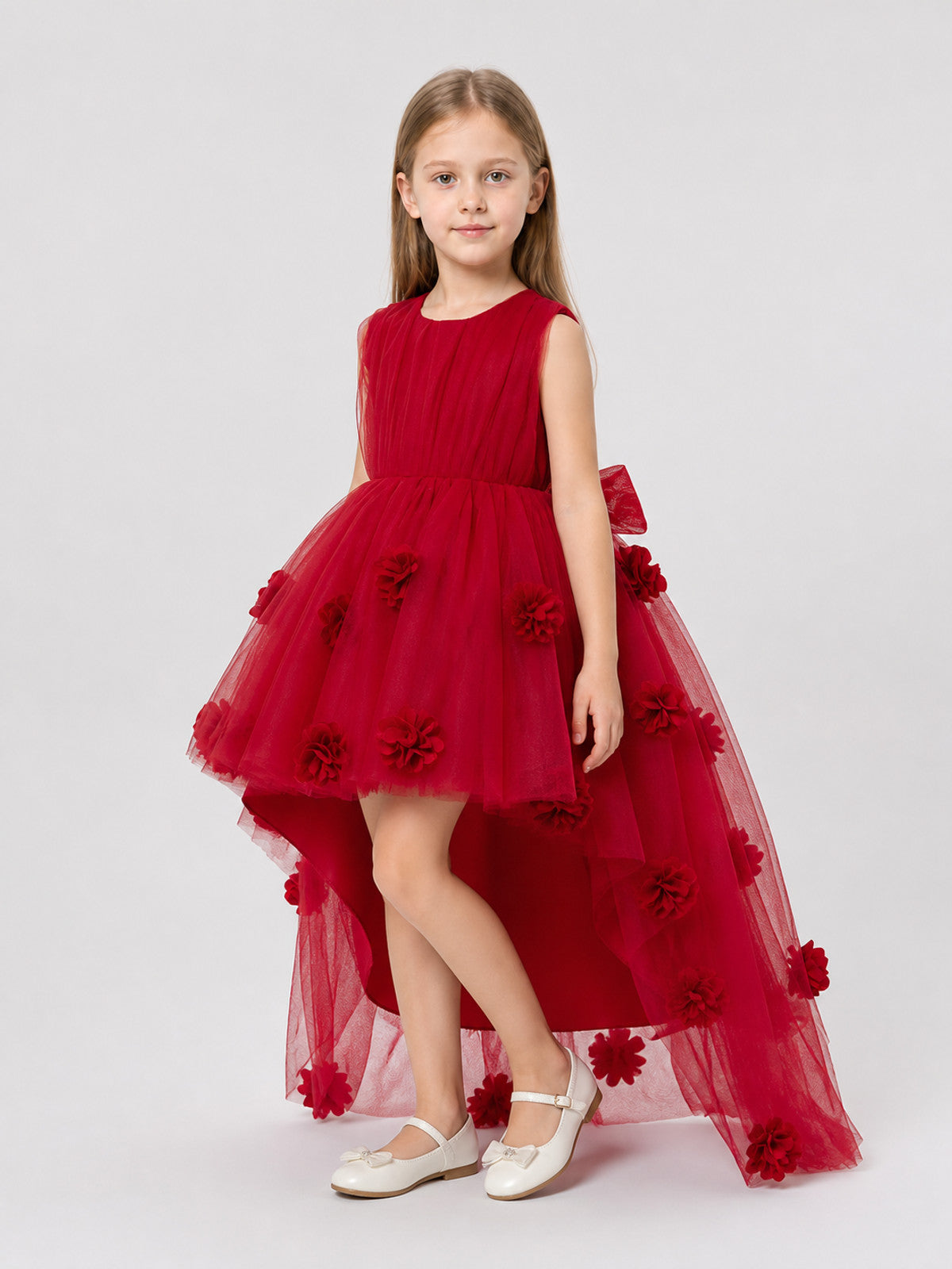 Children's Red Dress with Train, Sleeveless, Bow Costume Dresses detail