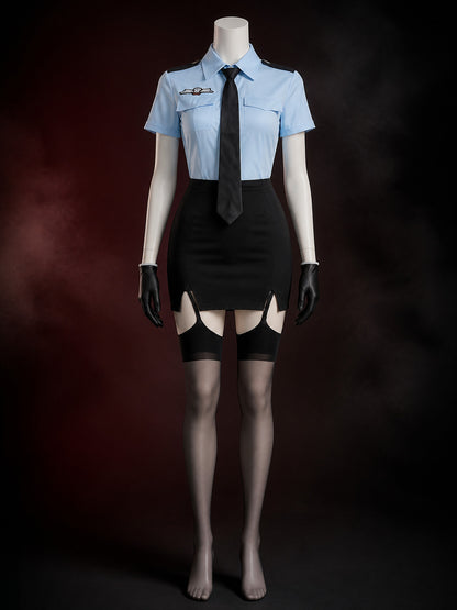 Women's Police Officer Cosplay Costume, Light Blue & Black Short Sleeve Uniform main product view