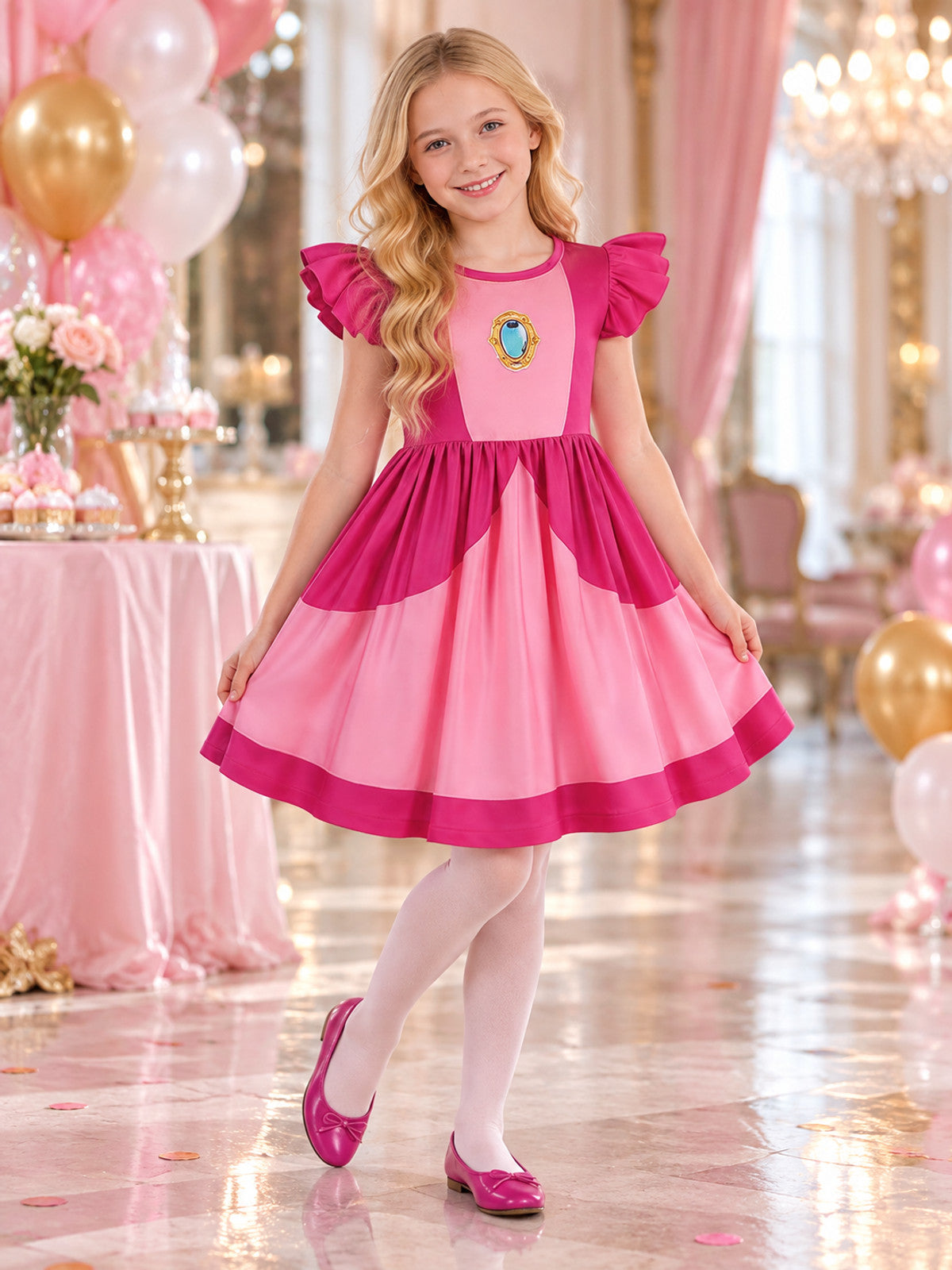 Kids' Costume Dress with Ruffled Sleeves and Emblem