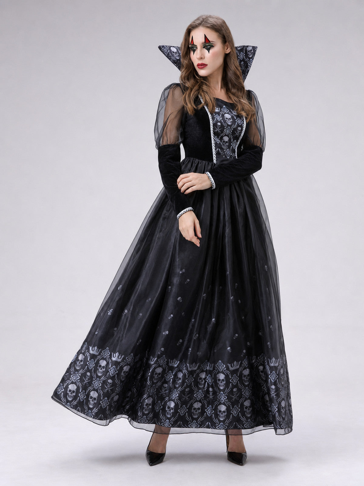 Gothic Dress with Sheer Sleeves and Skulls