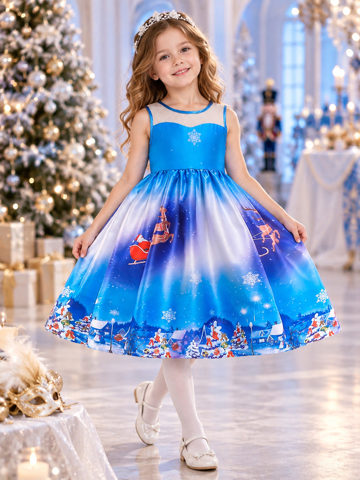Blue Girls' Christmas Dress with Christmas Print