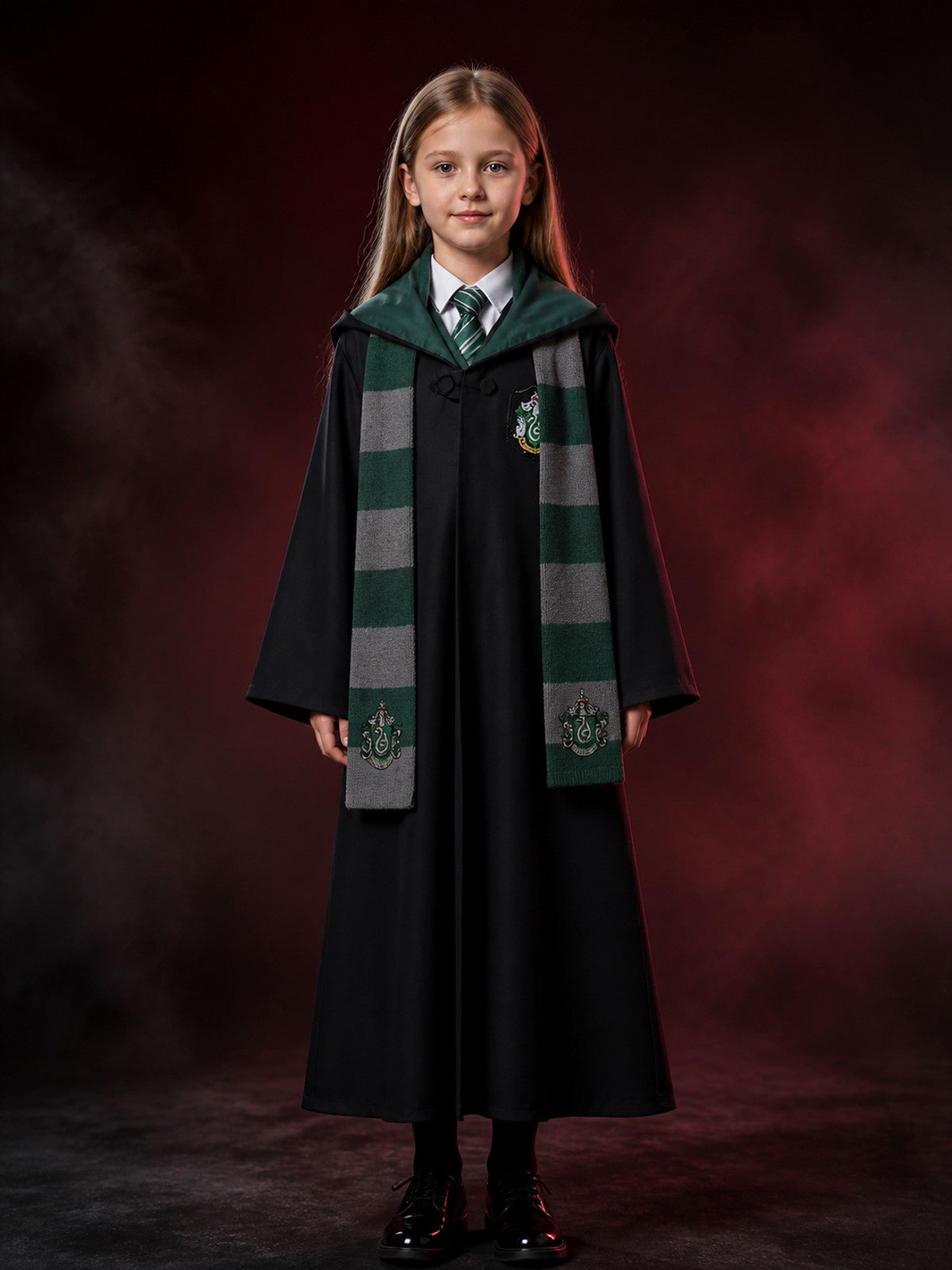 Wizard Robe Costume Set with Hood, Tie and Scarf, Green and Gray Striped main product view