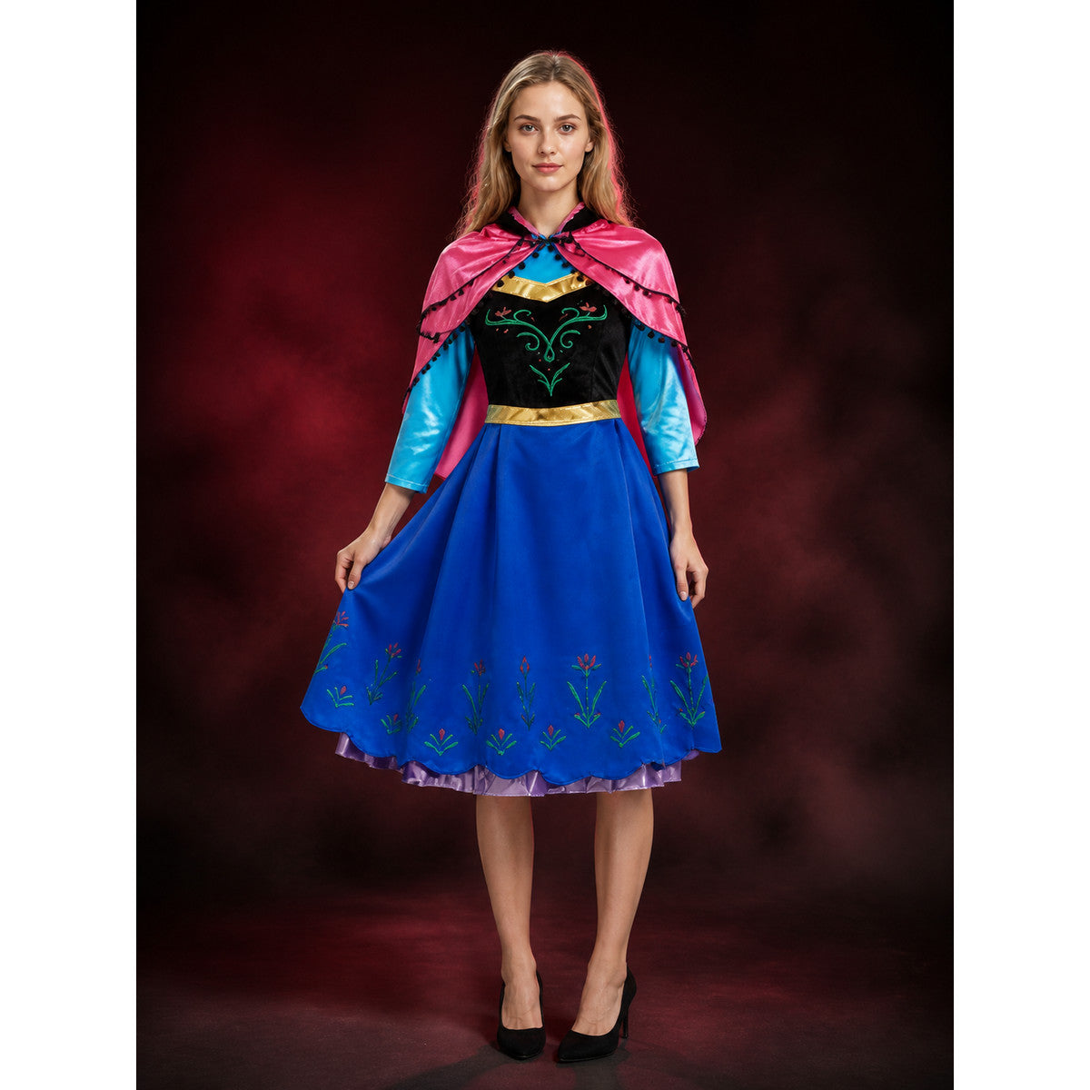 Anna Style Princess Costume Dress, Blue Floral Print Cape Gown with Gold Belt main product view