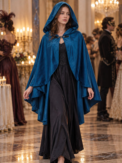 Hooded Cloak Cape, Dark Blue, Velour Suede