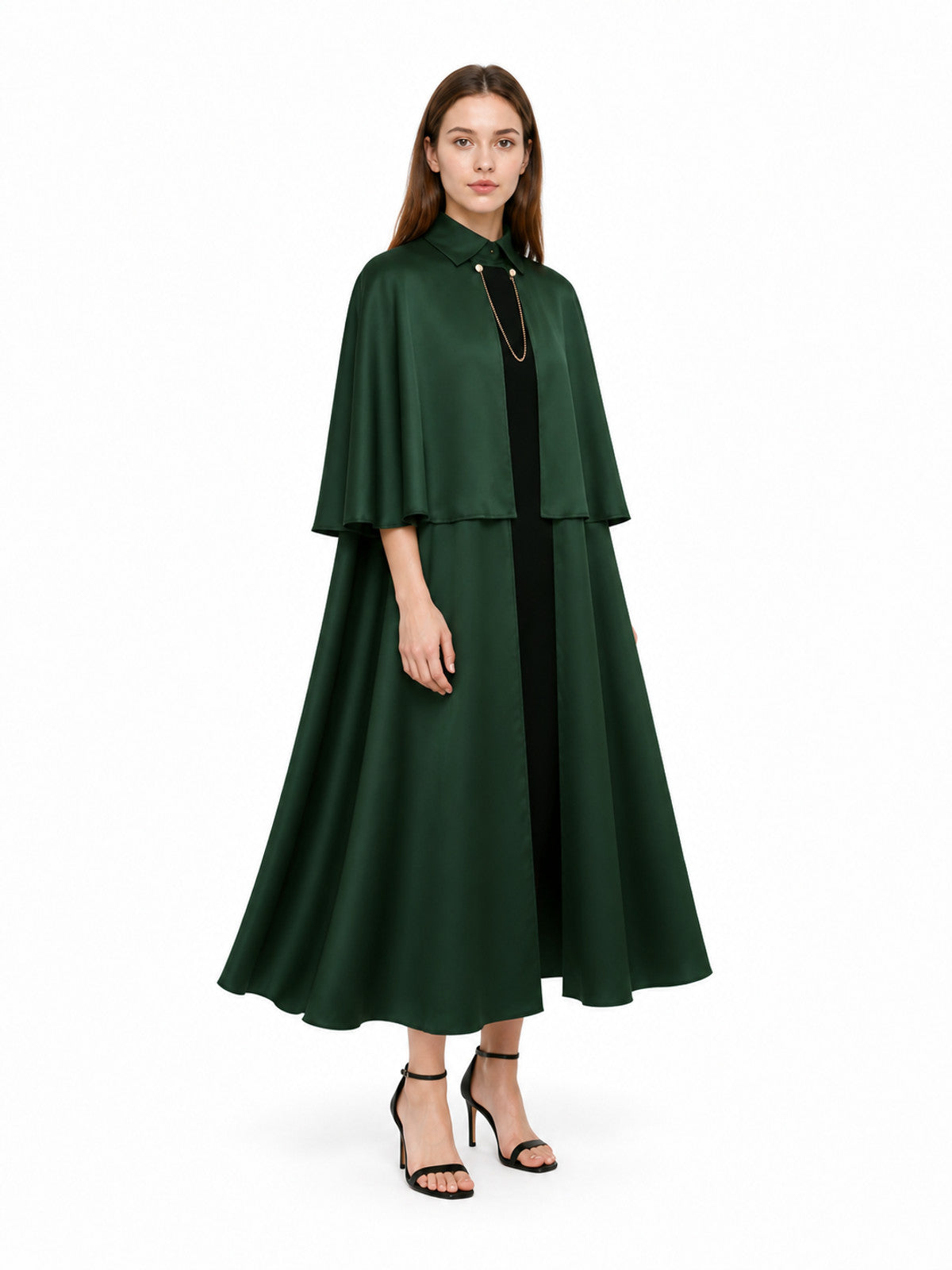 Cape Cloak with Stand Collar and Gold-Tone Chain