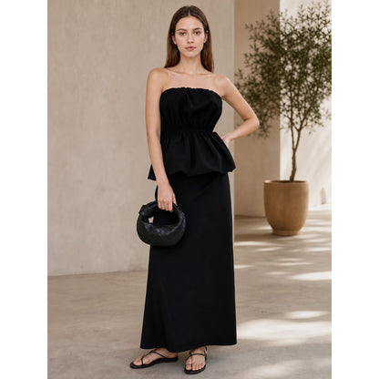 Black bandeau dress with a ruched bodice