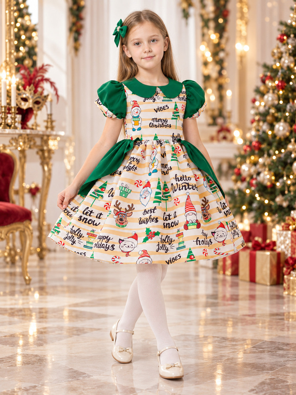 Dressy Girls' Dress with Christmas Print