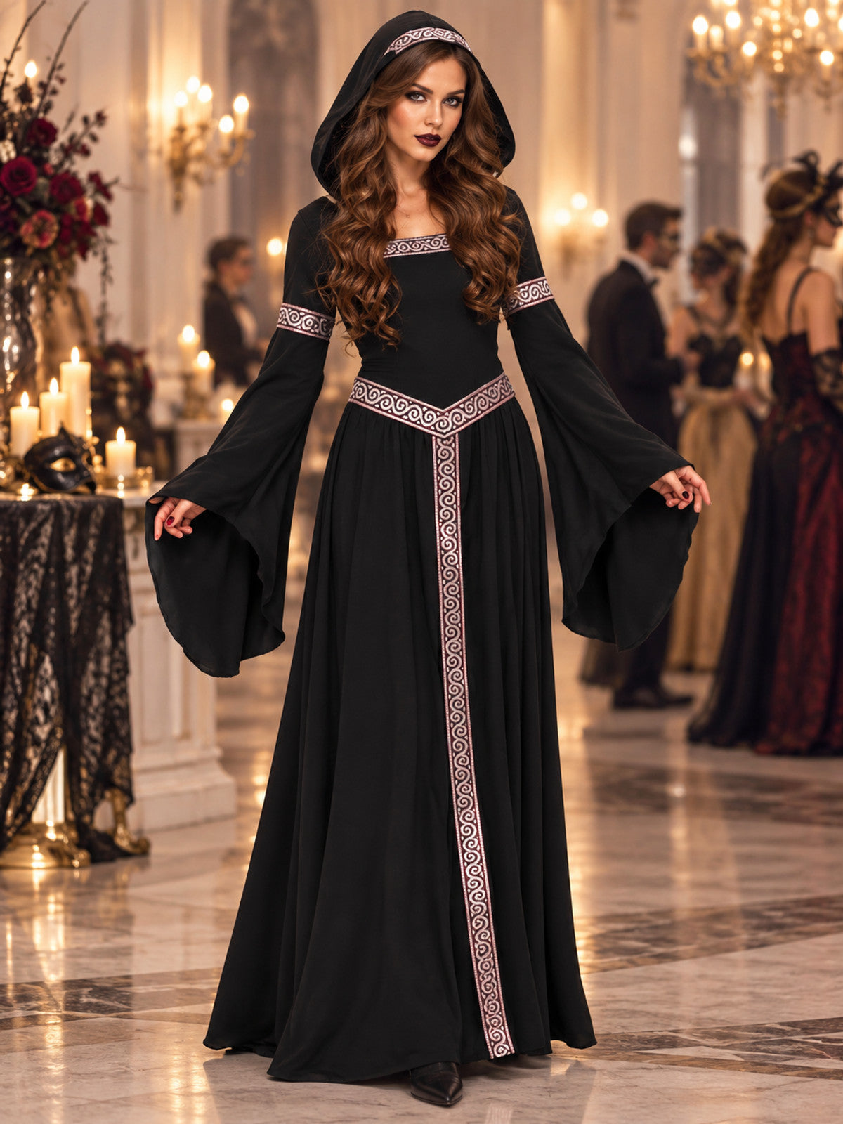 Black Witch Costume with Hood, Belt, and Bell Sleeves