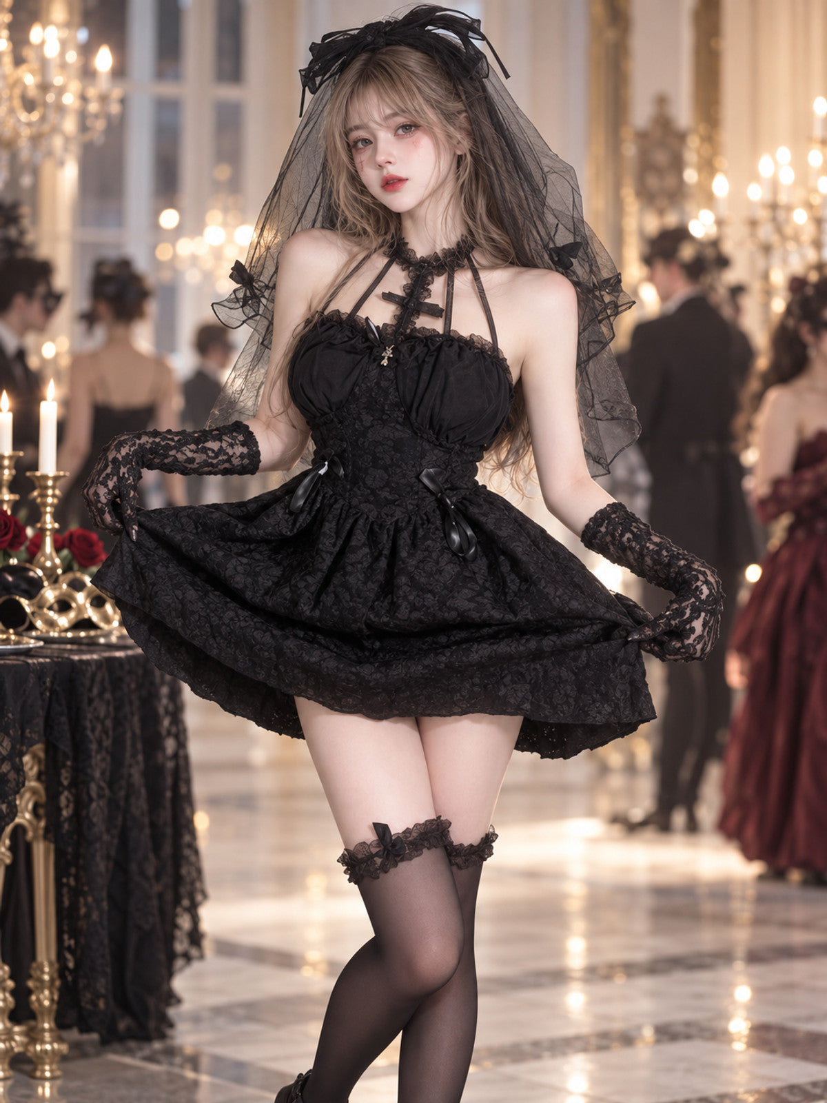 Gothic Lolita Style Dress Black with Lace and Veil