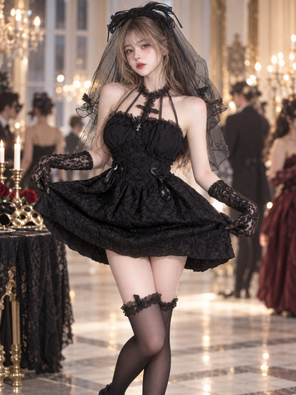 Gothic Lolita Style Dress Black with Lace and Veil