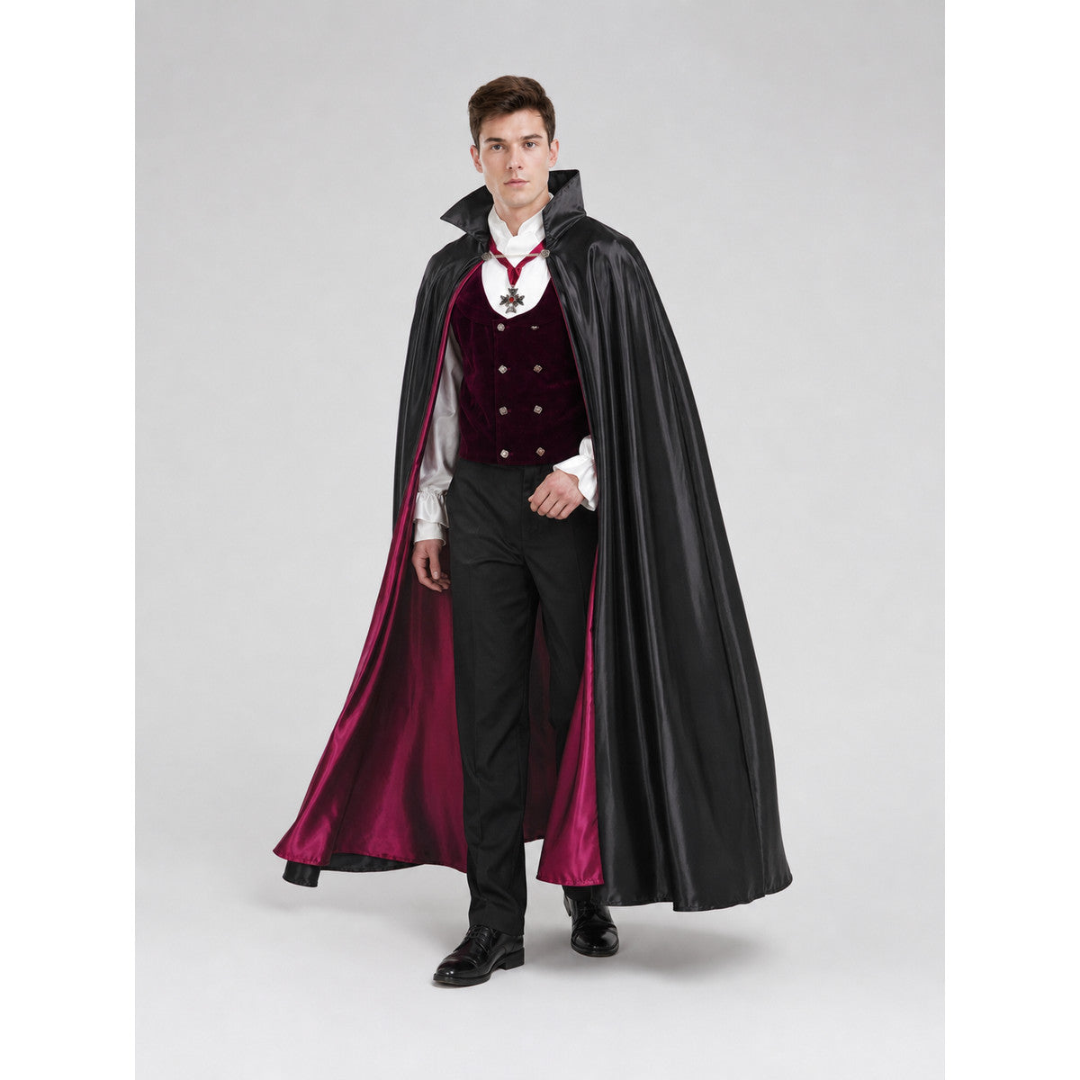 Gothic vampire count costume on model, cape open showing burgundy lining