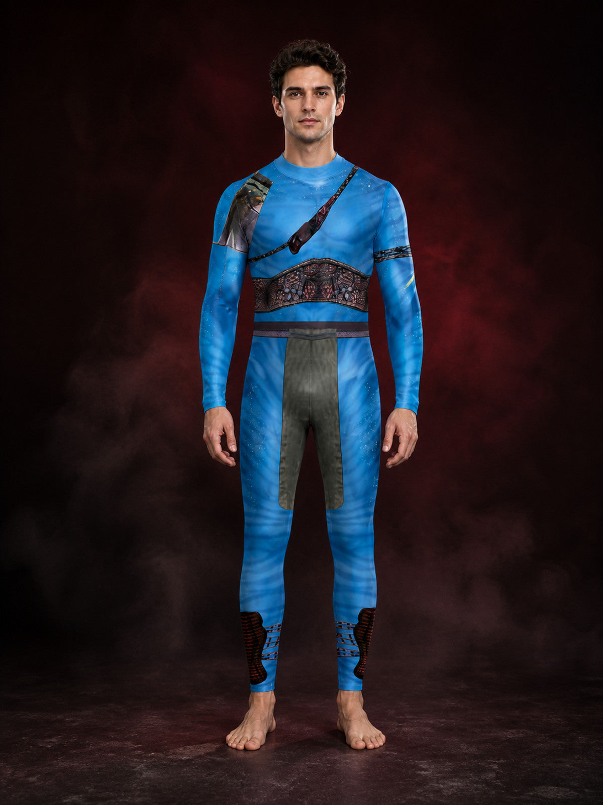 Blue Alien Armored Bodysuit Costume, High Collar Printed Halloween Outfit main product view
