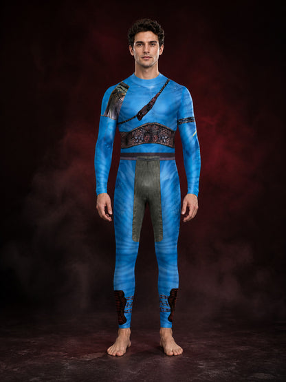 Blue Alien Armored Bodysuit Costume, High Collar Printed Halloween Outfit main product view