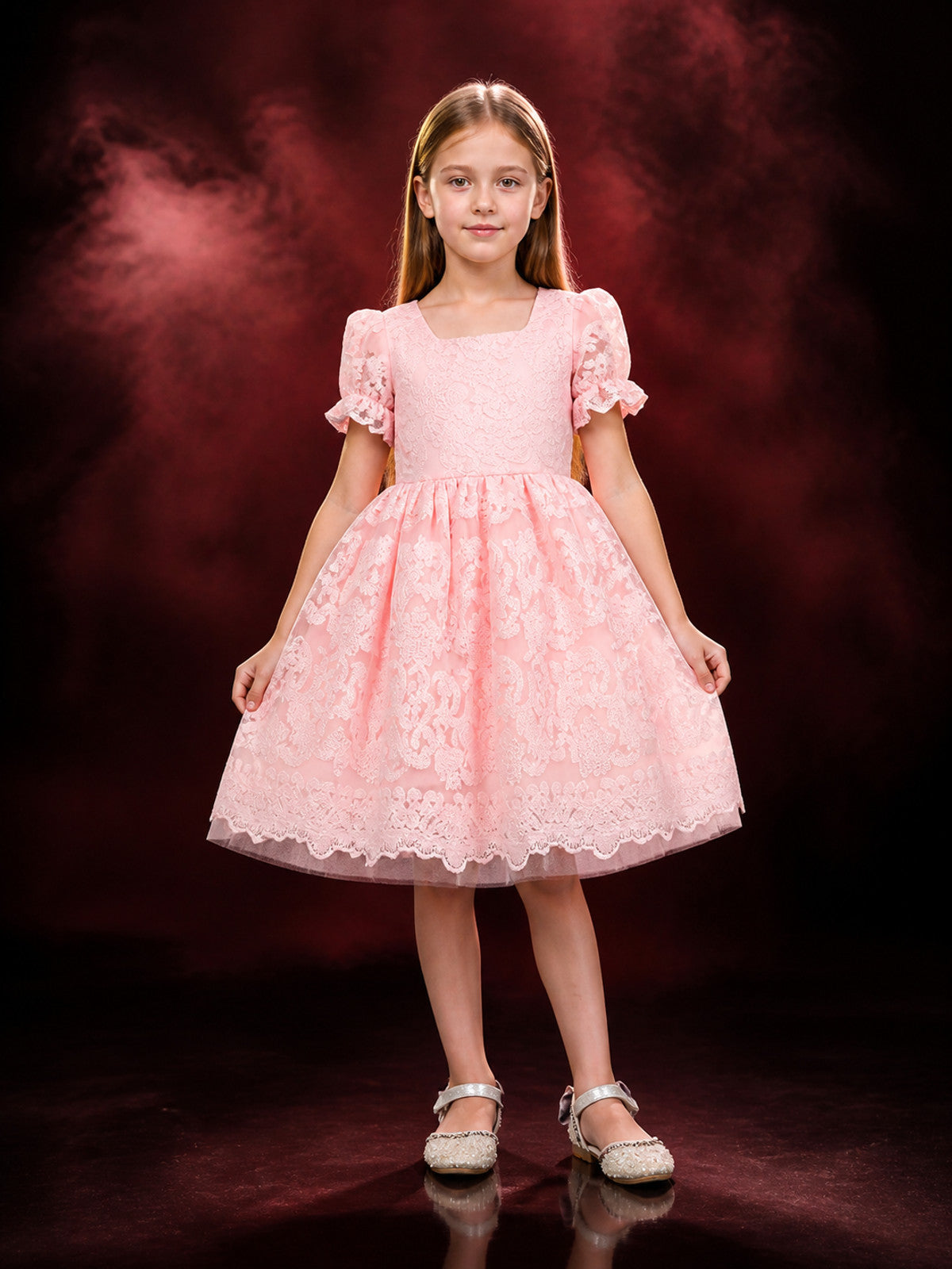 Girls' Pink Lace Princess Dress, Square Neck, Floral Pattern, Puff Skirt main product view