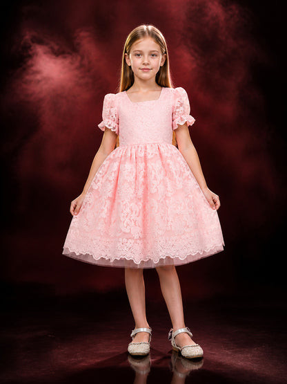Girls' Pink Lace Princess Dress, Square Neck, Floral Pattern, Puff Skirt main product view