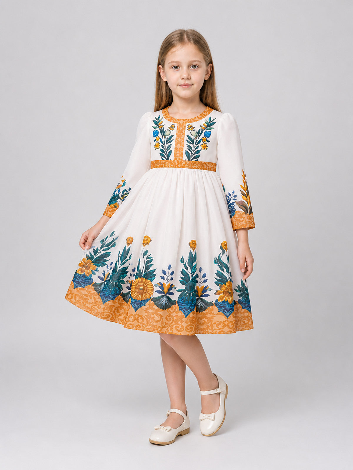 Girls' Floral Print Dress, Long Sleeves