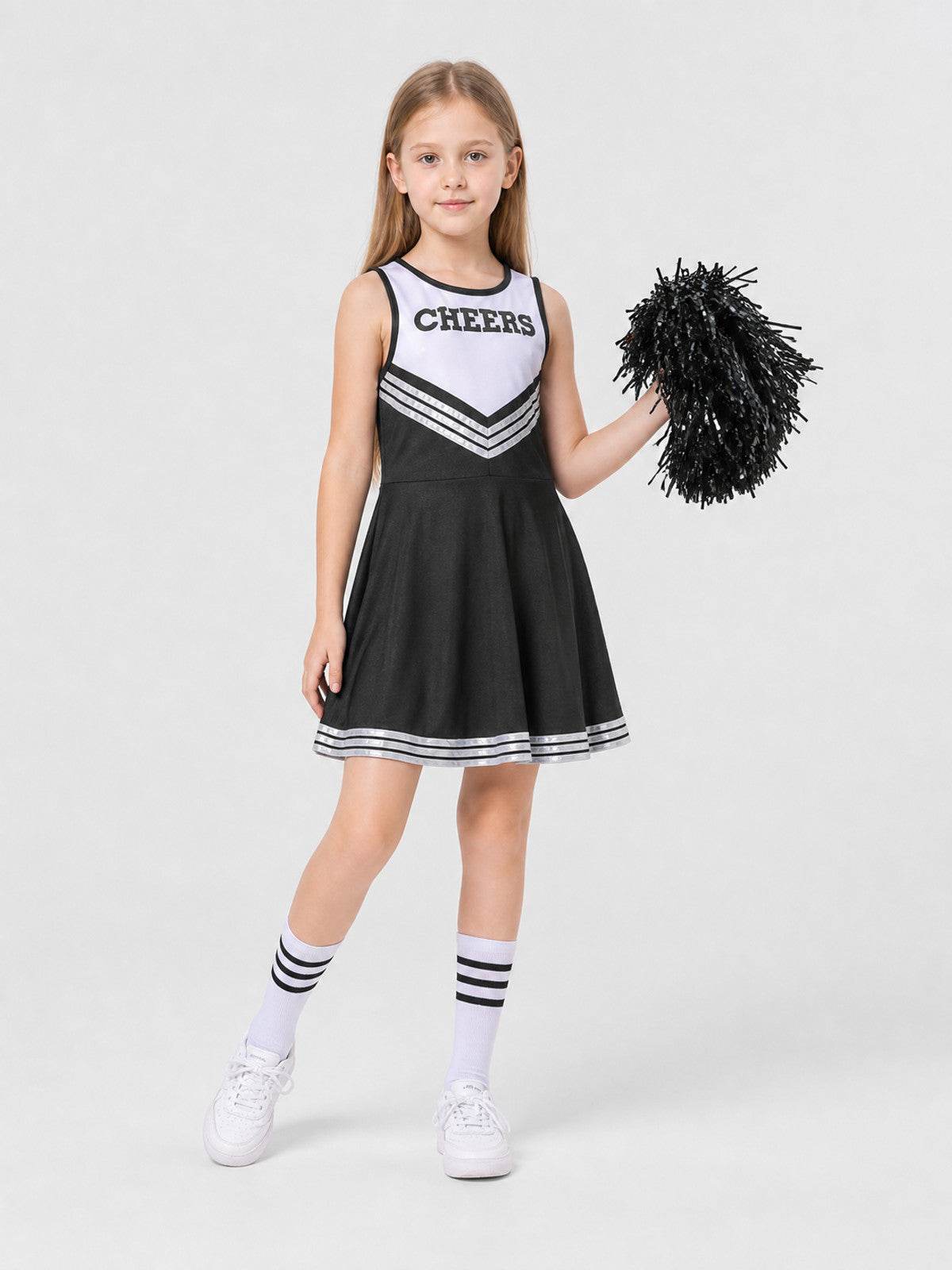 Children's Black and White Sleeveless Cheerleader Dress CHEERS Costume Dresses detail