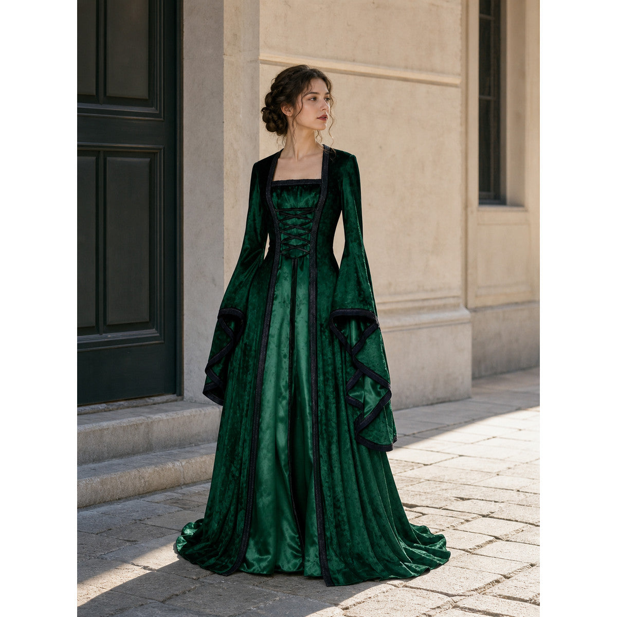 Medieval Gothic Lace-Up Dress with Train