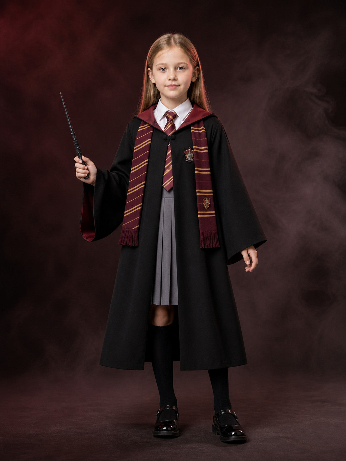 Kids Wizard Robe Costume Set With Tie, Scarf, Wand, Shirt And Skirt