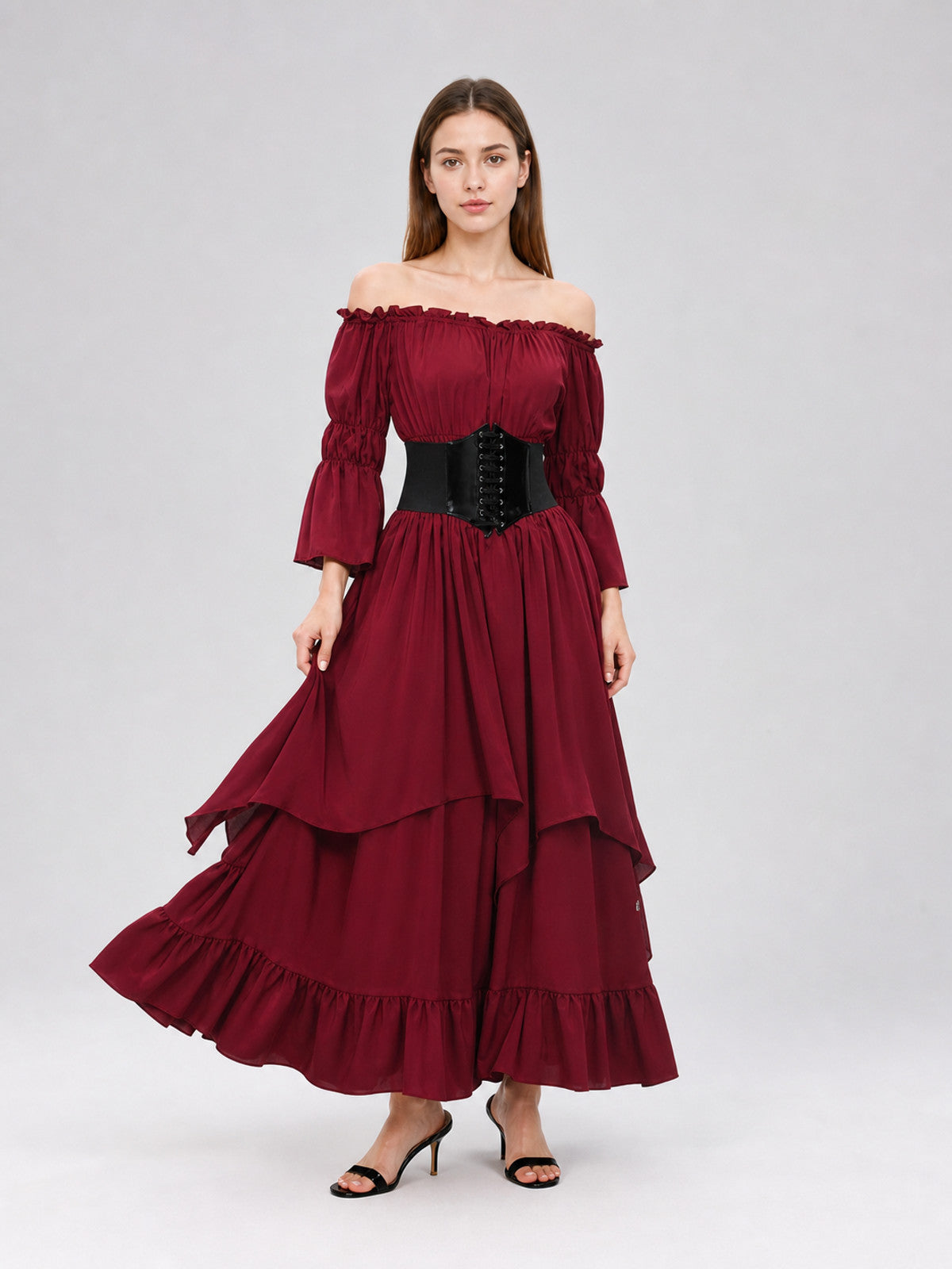 Burgundy Maxi Dress with Ruffles and Lace-Up Detail Costume Dresses detail