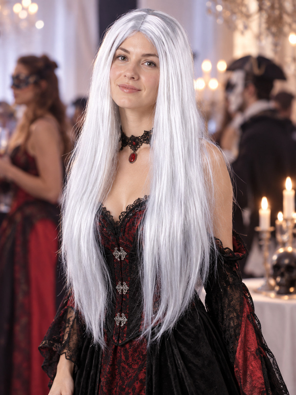 Long straight white wig with center part for cosplay