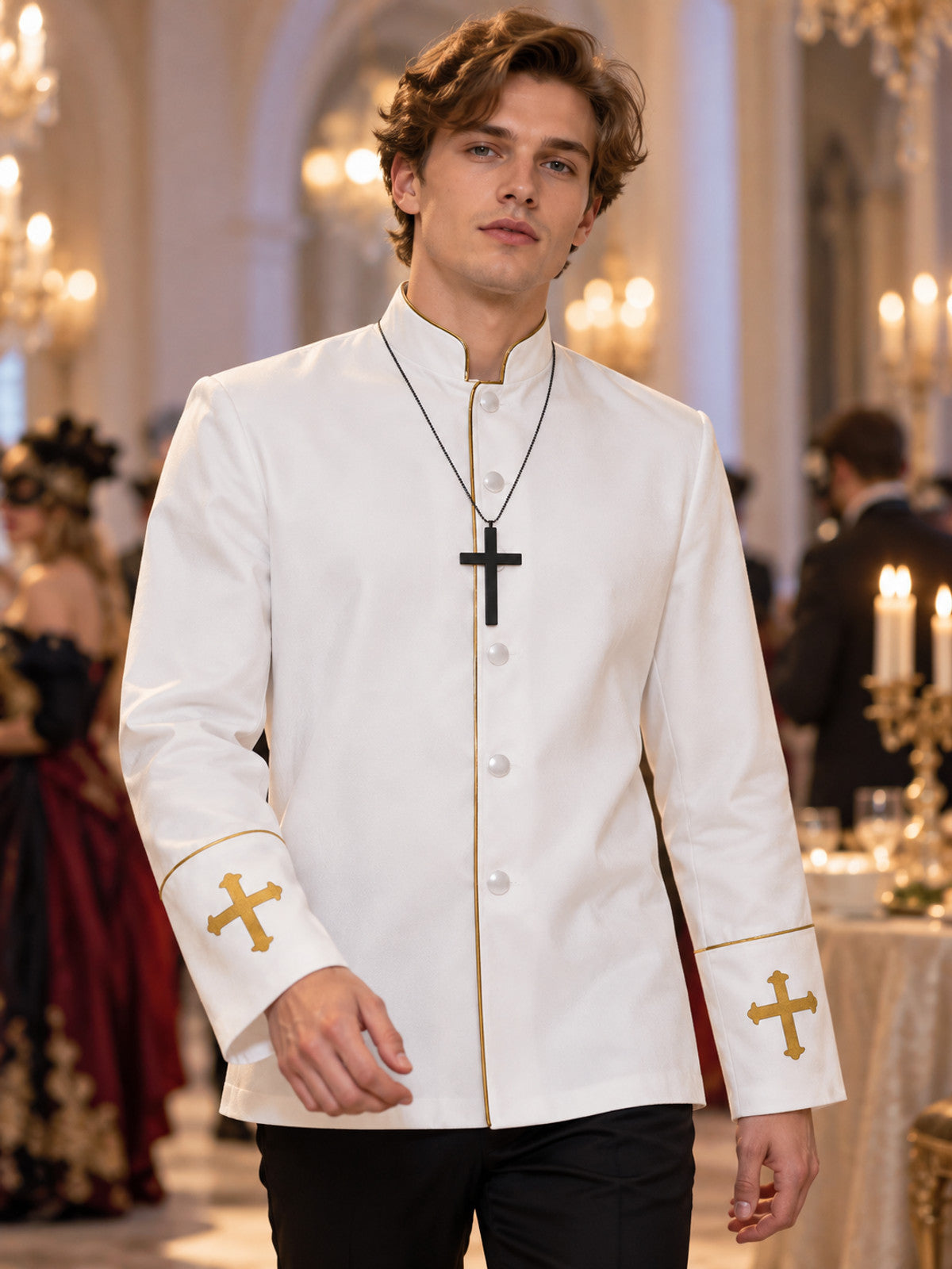 White Priest Costume with Embroidered Crosses