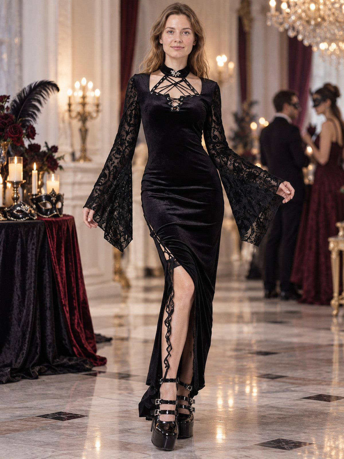 Gothic Black Lace Dress with High Slit