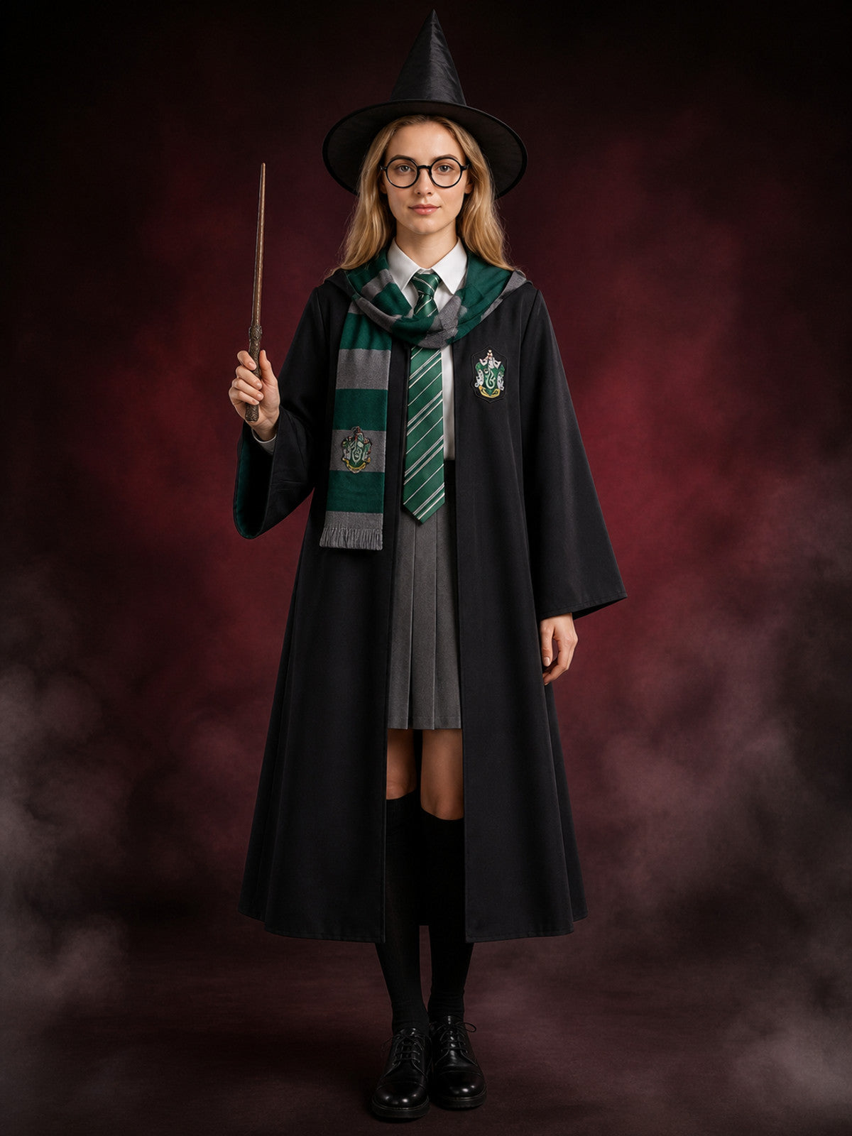 Green And Black Wizard Costume Set With Hooded Robe, Glasses, Wand, Hat And Tie main product view