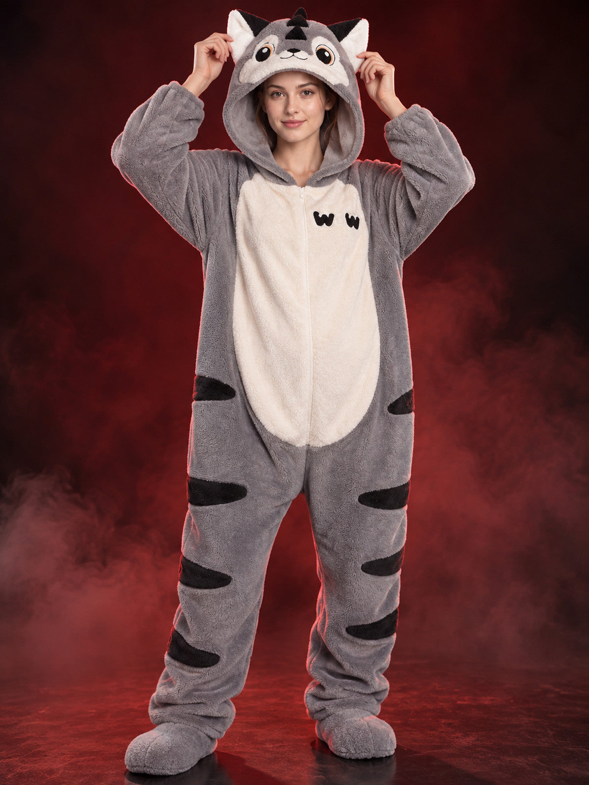 Gray hooded zip-up pajama jumpsuit with ears