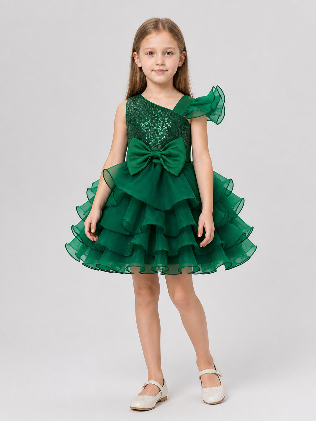 Festive Green Princess Dress with Bow Costume Dresses detail