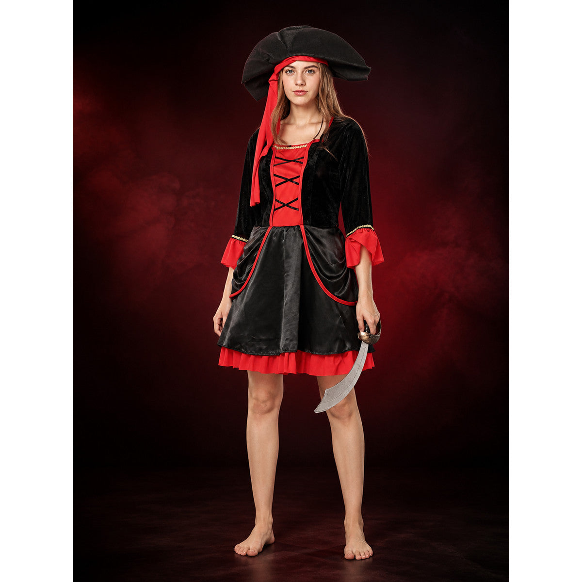 Women's Pirate Costume Set, Black and Red Dress with Hat, Cross Lace Up for main product view
