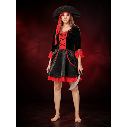 Women's Pirate Costume Set, Black and Red Dress with Hat, Cross Lace Up for main product view