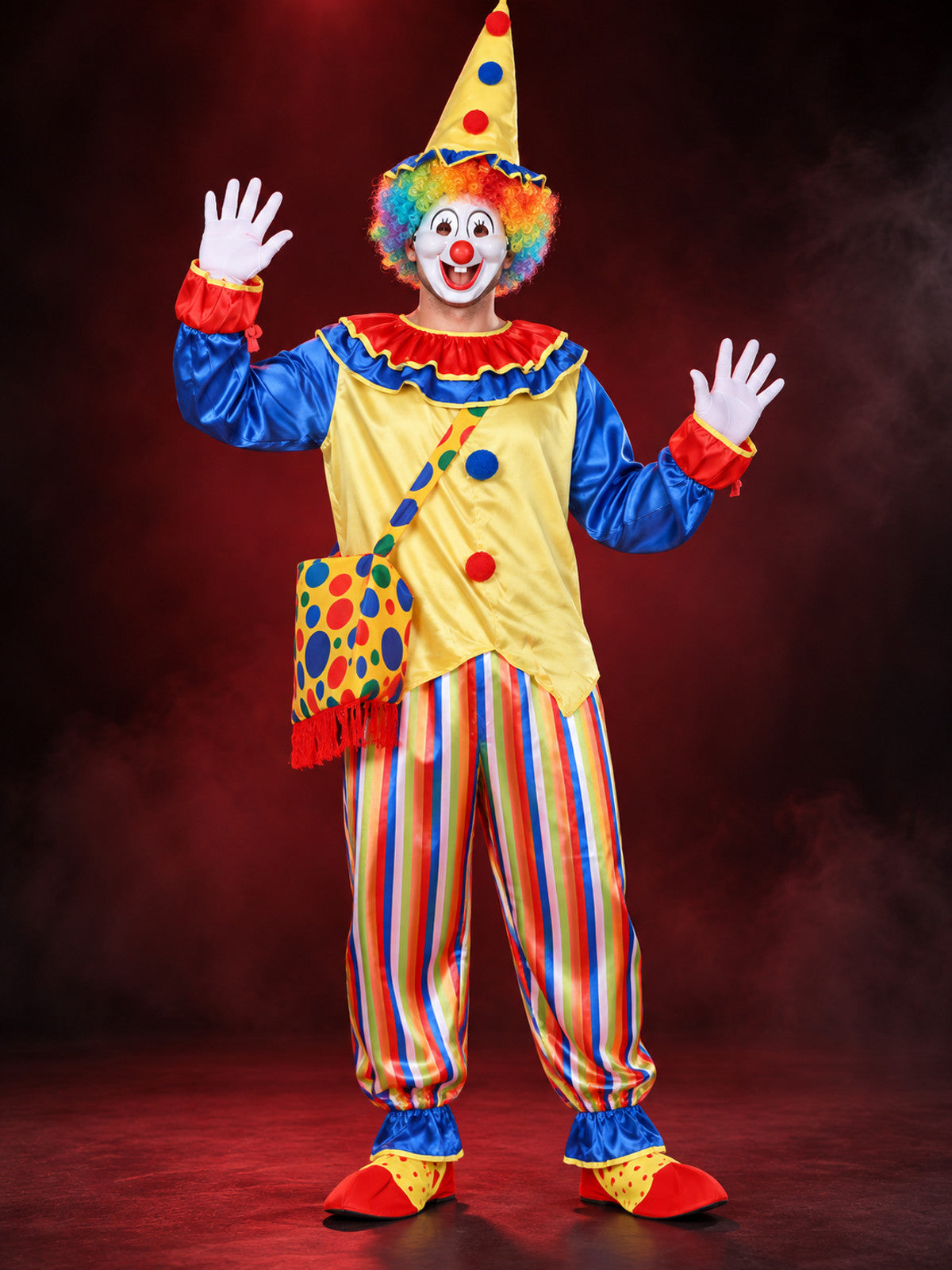 Clown Costume with Yellow Top, Pants, and Polka-Dot Hat