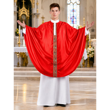 Full-body male model in a glossy red ceremonial robe with ornate gold trim and white undergarment, posed before an altar