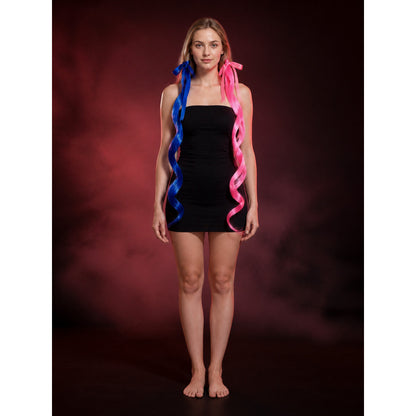 Harley Quinn Hair Extensions, Pink and Blue Wavy Weft with Ribbon and Clip lifestyle