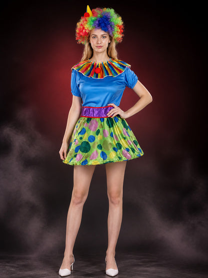 Adult Clown Circus Costume Set with Colorful Polka Dot Tutu Skirt, Collar and main product view