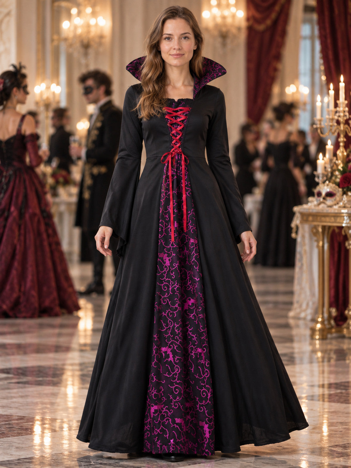 Long Gothic Dress with Lacing and High Collar