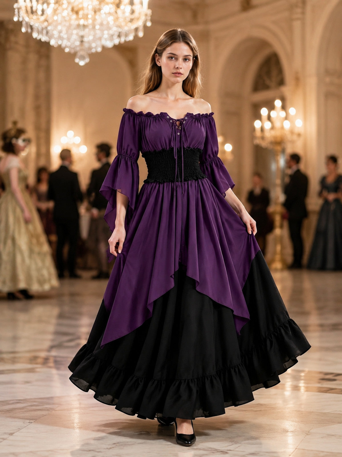 Historical Dress with Lacing and Off-the-Shoulder Design lifestyle view