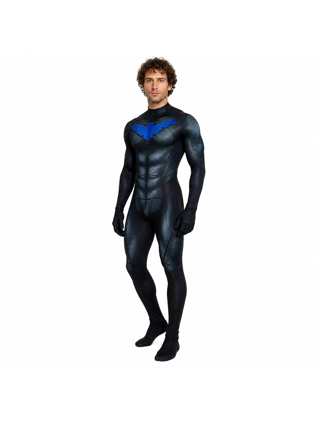 Nightwing Cosplay Jumpsuit with Muscles and Bat Costumes detail