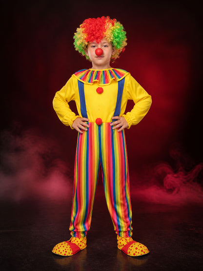 Boys' Colorful Clown Jumpsuit Costume Set with Wig, Nose and Shoe Covers main product view