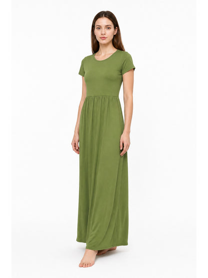 Olive Dress with Short Sleeves and Gathering at the Waist