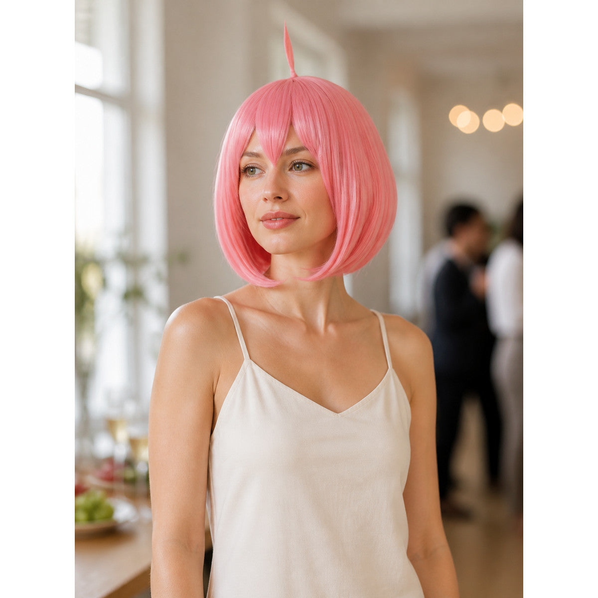 Pink Short Bob Cosplay Wig with Side-Swept Bangs lifestyle view