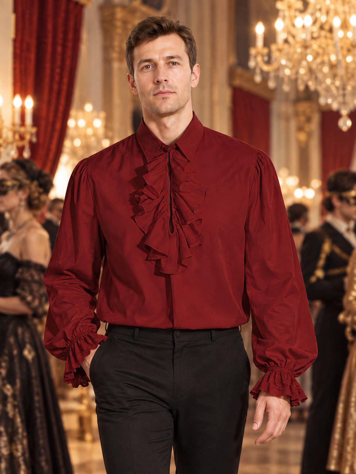 Red shirt with jabot, ruffles, and long sleeves