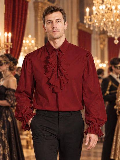 Red shirt with jabot, ruffles, and long sleeves