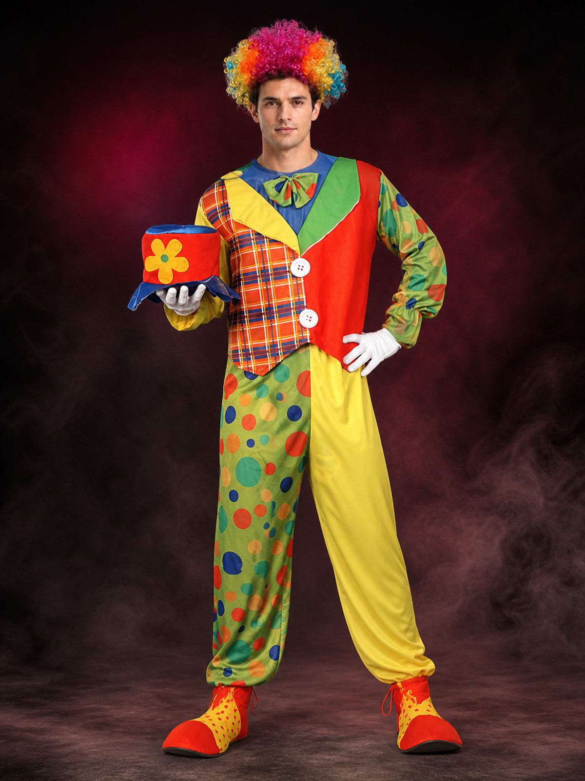 Unisex Adult Clown Costume Set, Colorful Polka Dot Jumpsuit with Vest, Bow Tie main product view
