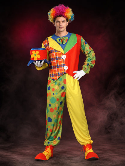 Unisex Adult Clown Costume Set, Colorful Polka Dot Jumpsuit with Vest, Bow Tie main product view