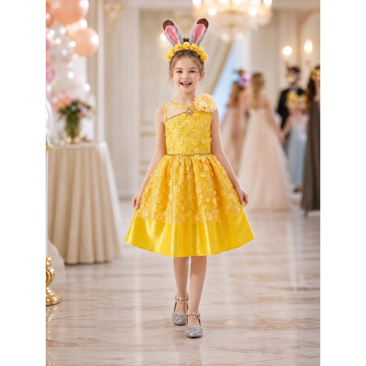 Yellow Dress with Floral Decor for Cosplay