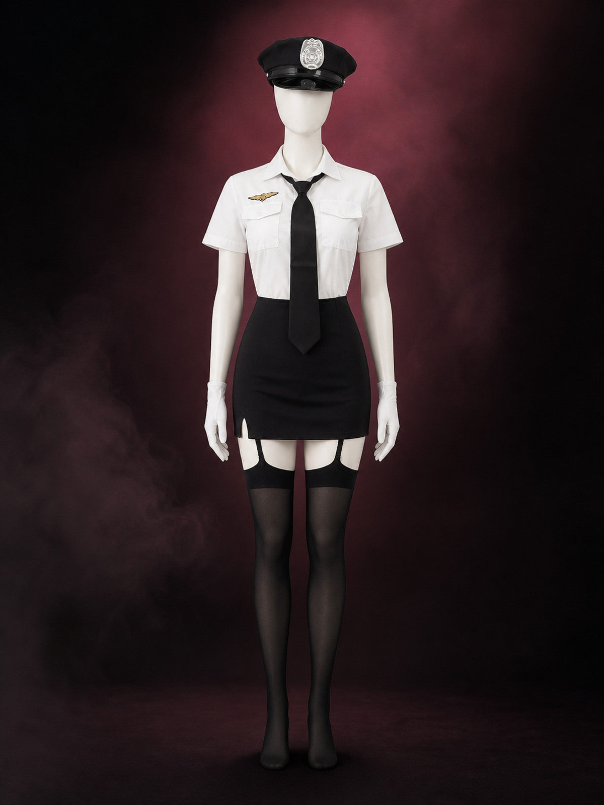 Women's Police Officer Costume Set, White Shirt Black Skirt with Tie