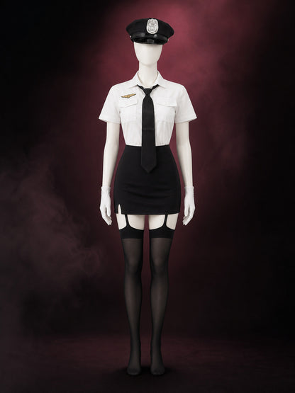 Women's Police Officer Costume Set, White Shirt Black Skirt with Tie