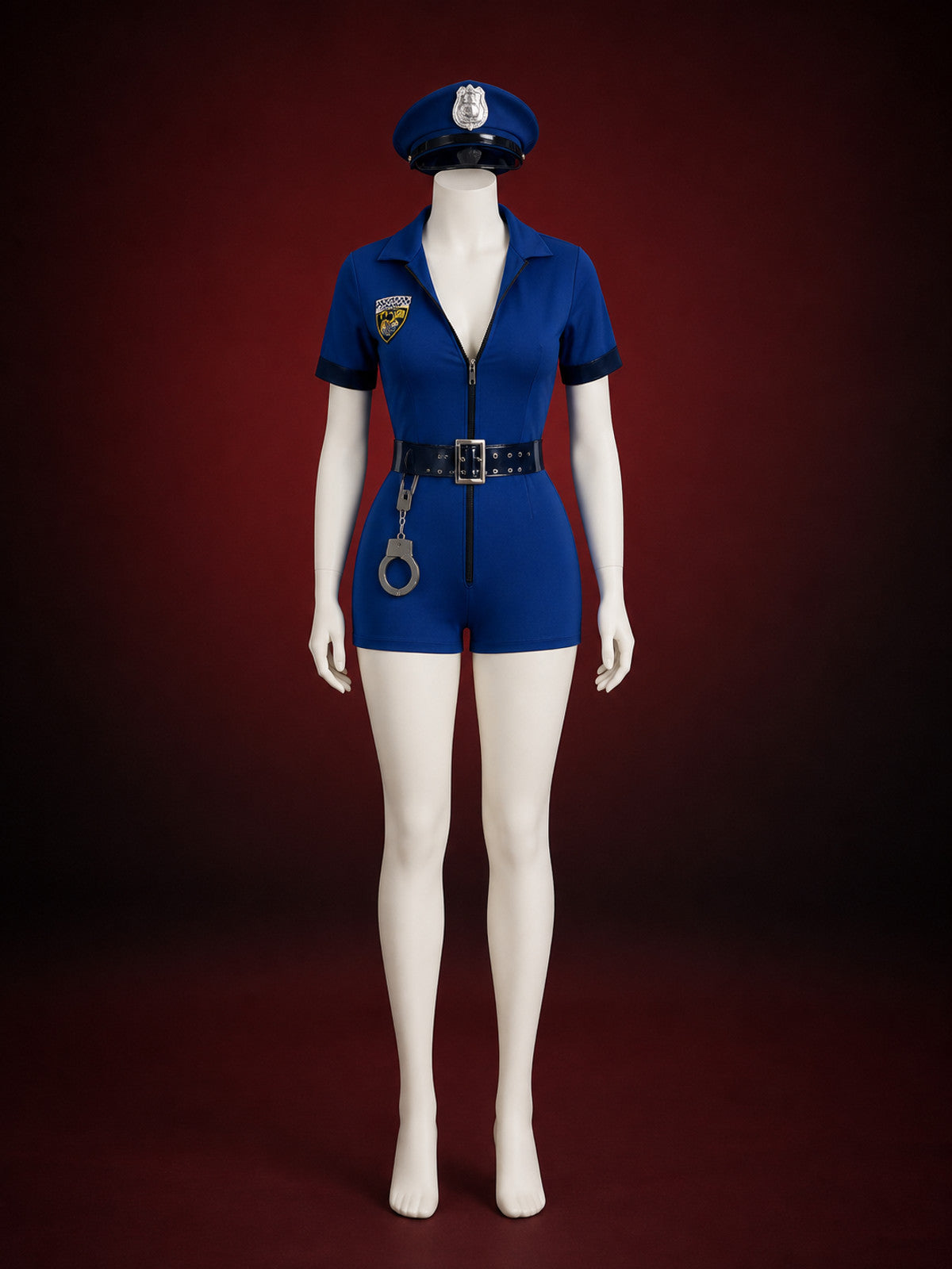 Women's Blue Police Bodysuit Costume with Badge Details and Belt, Halloween main product view